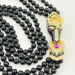 Vintage Bejeweled HORSE Head Clasp EQUESTRIAN Double Strand Onyx Beaded Necklace